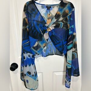 Nasty Gal Blue Multi Sheer Twist-Front Crop Top